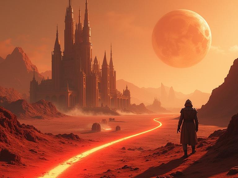 Surreal retrofuturistic scene combining elements of science fiction, fantasy, and fairytale aesthetics. A red desert landscape similar to Mars features earthly architectures and vehicles. Monumental architecture with high towers and domes. A bright red path winds through the scene. Military or exploratory vehicles enhance the sci-fi aspect. Human figures suggest exploration. Dominant sky with a large moon and a smaller celestial body. Warm red and orange color palette creates an intense atmosphere. High texture detail in elements. Dramatic composition with a curving path and celestial sizes.