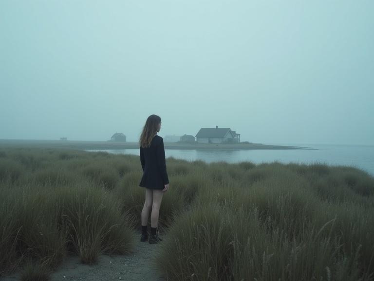 Misty North Sea coastal marsh at low tide. Grasses blowing in the wind. A female researcher stands on the dunes. She wears a mini dress. She gazes at island houses in the distance. The scene has soft dawn light. A gloomy, atmospheric coastal environment.