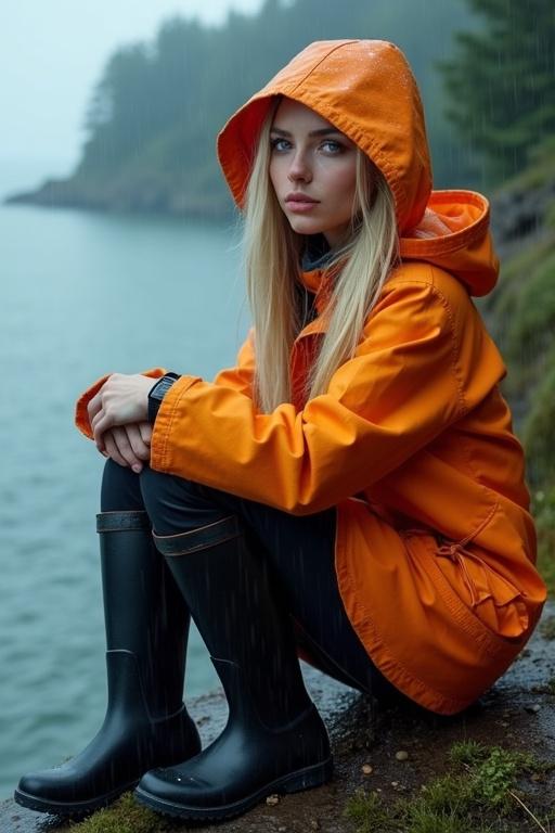 Young woman with long blonde hair in pigtails wearing an orange mackintosh and black rubber boots sits on a cliff by the sea in heavy rain.