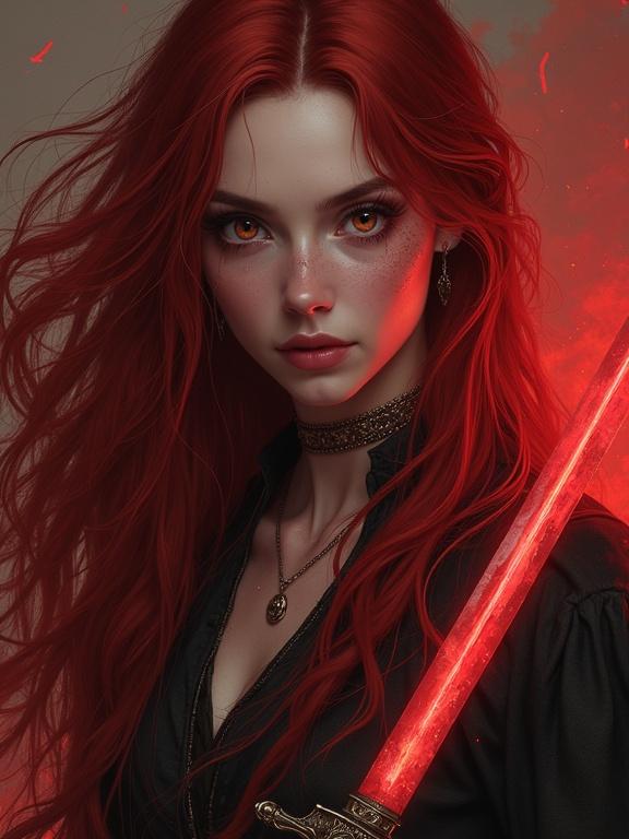A captivating strong stunning woman with long dark red hair. She holds two glowing red daggers in a dimly lit environment. Her pale skin contrasts with her striking hair. This character embodies the qualities of a warrior and spellcaster with intricate details.