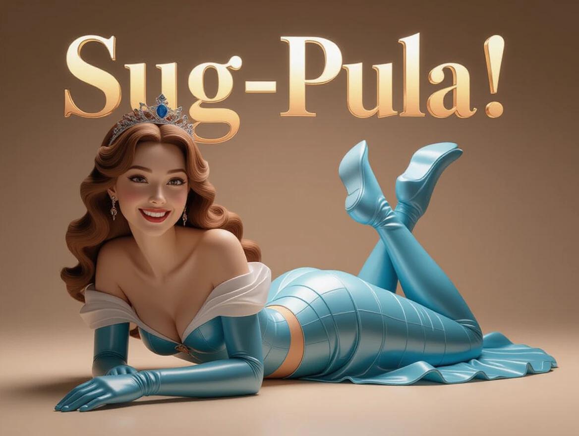 Ultra-realistic 3D image of a smiling princess lying on her back. The princess has glamorous attire and is showcasing luxurious accessories. The text Sug-Pula appears prominently above. The background features a warm gradient that enhances the design elements.
