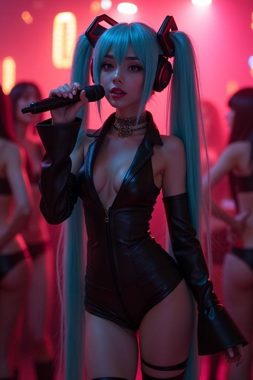 Hatsune Miku dressed in black leather outfit. She sings and dances in a lively Japanese nightclub. The atmosphere is electric and populated with women wearing lingerie. The lighting is neon pink and turquoise.