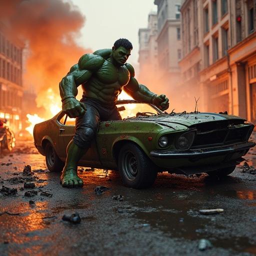 Hulk smashing a car on a chaotic street. People in riot. Armor shows battle damage. Background with fire and explosions. Ruined buildings around. Morning light breaking through rain.
