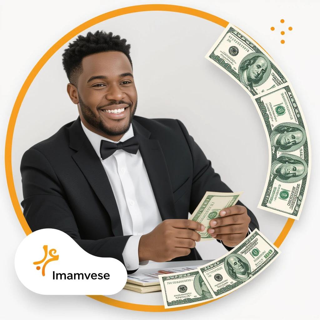A wealthy black man holding CFA francs with a confident smile. He wears a black tuxedo and is surrounded by cash. The image conveys success and professionalism.