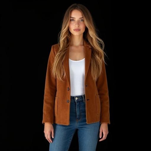 Portrait of a tall woman showcasing a pear shape figure. Woman has long dark blonde hair with a hint of copper. She wears blue jeans and a long brown suede jacket over a white blouse. The expression is slightly smiling with a hint of derision. Solid black background enhances the studio lighting. Realistic skin texture is visible.