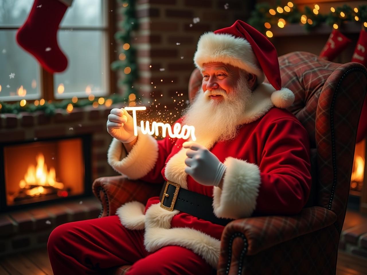 A magical Christmas scene featuring Santa Claus, who is dressed in his traditional red outfit with white fur trim. He is seated comfortably in a cozy armchair in a warmly lit room, with a fireplace crackling in the background. Snowflakes are gently falling outside the window, adding to the festive atmosphere. In his hands, Santa is playfully writing the name 'Turner' with a glowing stick, creating a whimsical and enchanting display. The room is decorated with twinkling lights and stockings hung by the fireplace, enhancing the cheerful holiday spirit.