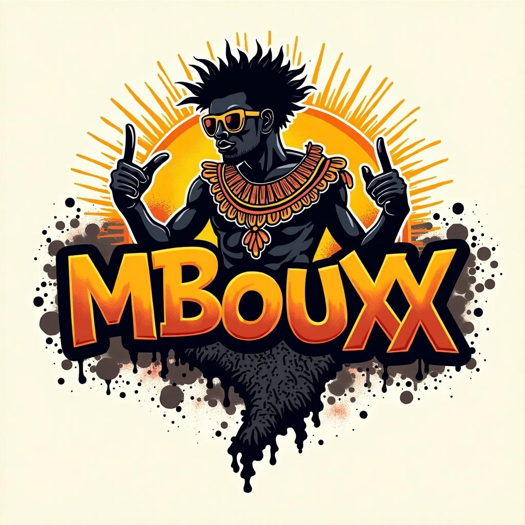 Logo design resembling graffiti art. Integrates African cultural elements. Features vibrant text 'MBOUXX'.