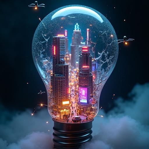 Hyper-detailed miniature diorama of a futuristic cyberpunk city built inside a broken light bulb. Neon-lit skyscrapers rise within the glass. Tiny flying cars zip between buildings. Streets bustle with miniature figures. Glowing billboards and tiny street vendors sell holographic goods. Electrical sparks flicker from the shattered bulb edges. Mist swirls around the base, creating depth. Dark background enhances neon reflections. Mesmerizing sci-fi atmosphere.