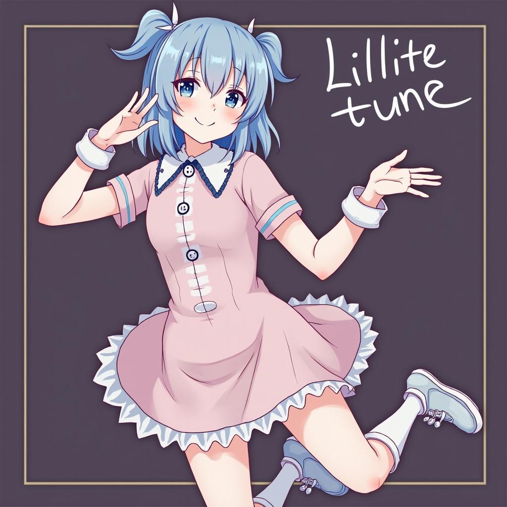 An illustration of a character representing an idol group. The character wears a cute outfit in shades of red and purple. The design is bright and stylish with a modern feel. The background is simple and white, providing a clean look. The overall vibe is friendly, charming, and elegant with a gentle flow.