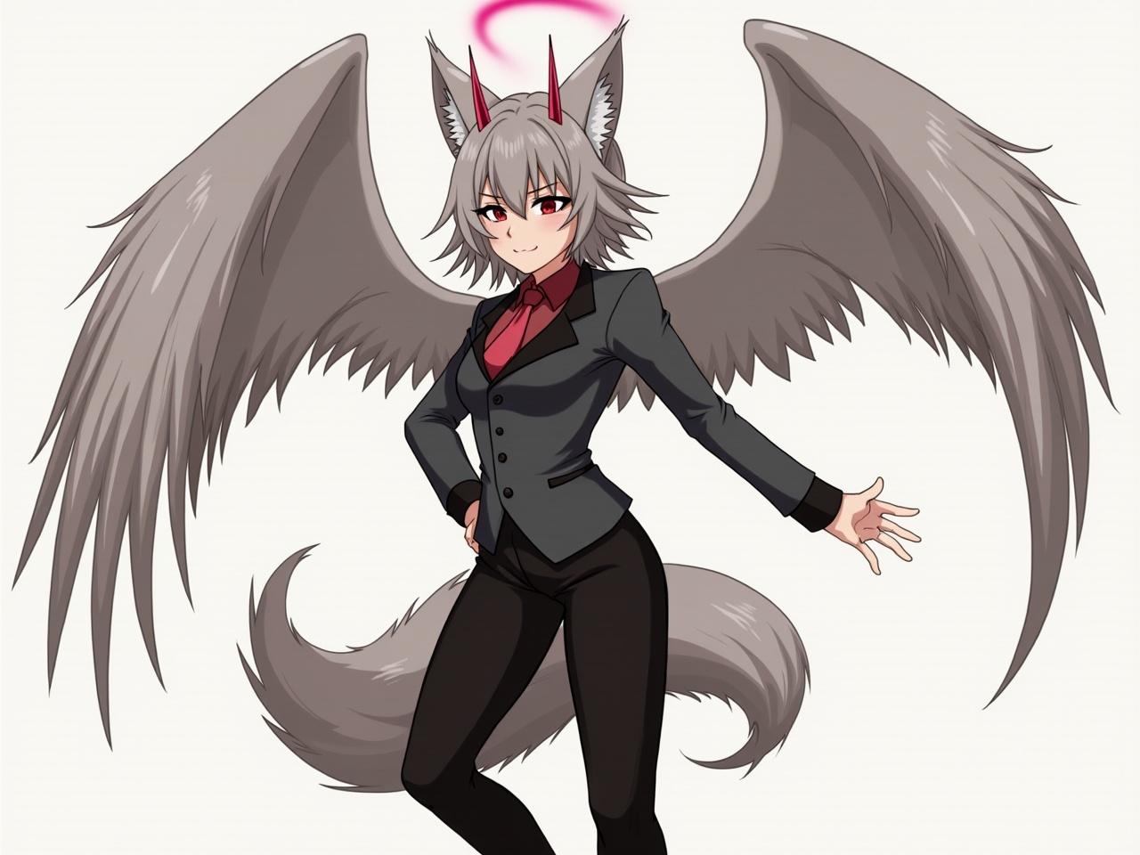 The image features a stylized character with both angel wings and demonic features. She has a fox tail, cat ears, and a confident smile. She is dressed in a tailored suit, blending professional and fantasy elements. The character stands with one hand on her hip, exuding charm and playfulness. The background is neutral, allowing focus on her unique attributes. Her gray hair and red accents add to the mesmerizing visual, appealing to anime fans and art lovers alike.