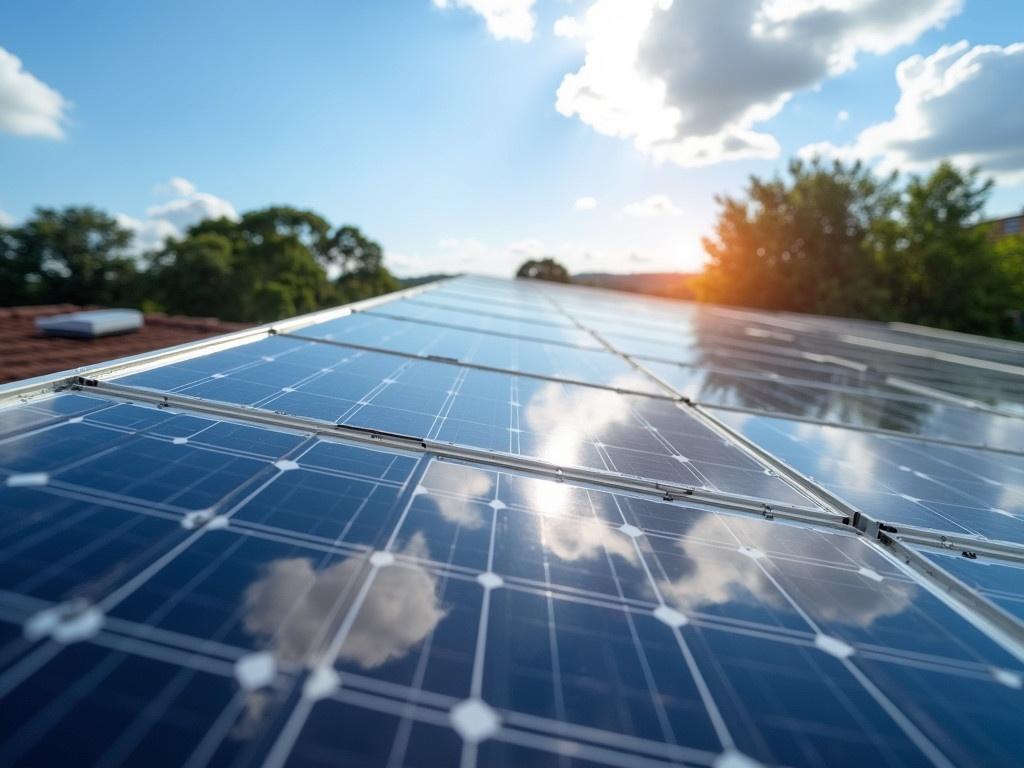 This image shows a solar panel installation on a rooftop. The panels are arranged in neat rows, reflecting the sunlight and the clouds above them. The surface of the panels appears glossy, indicating they are clean and functioning efficiently. In the background, there are trees indicating a natural setting. The overall atmosphere of the image suggests a commitment to renewable energy and sustainability.