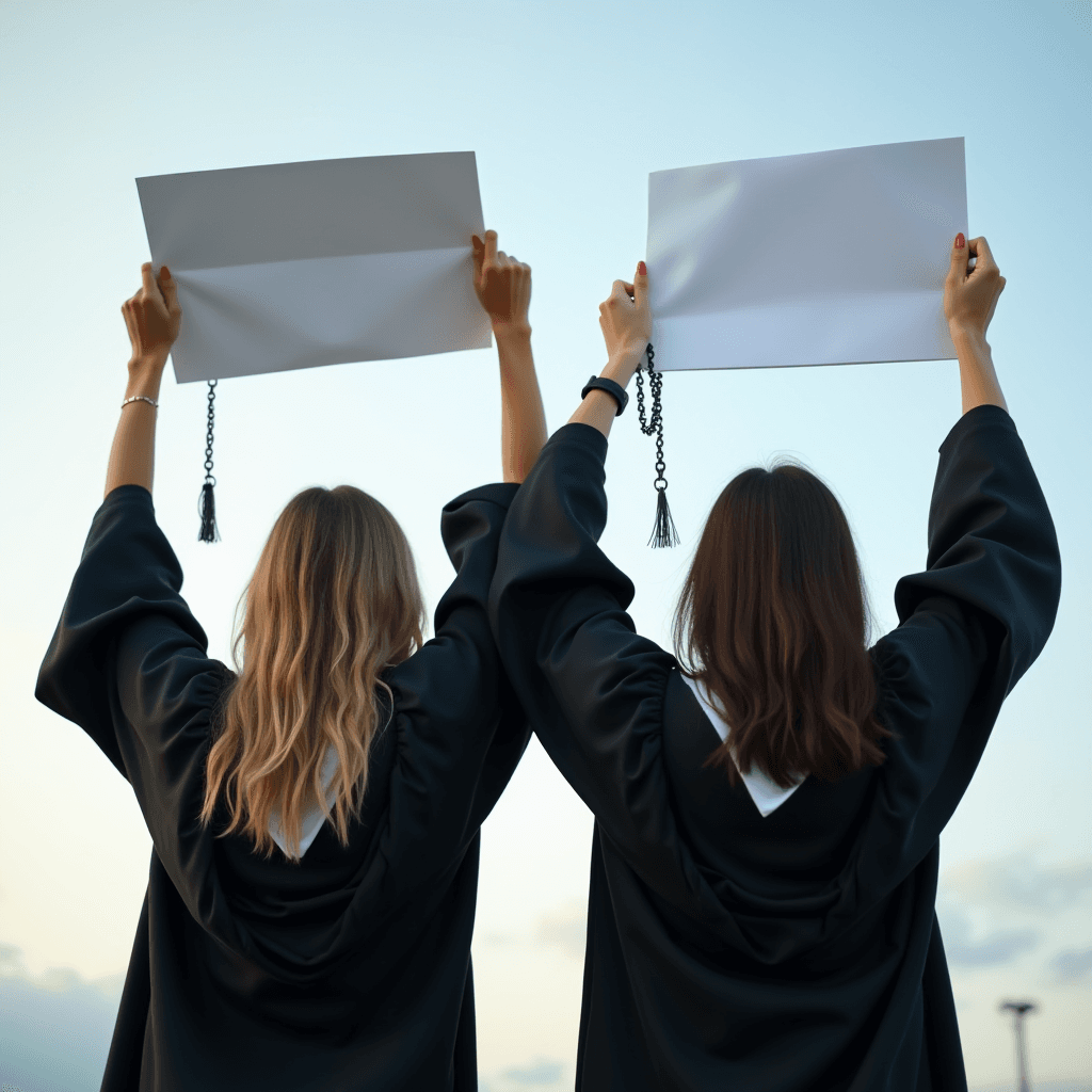 Two graduates hold up their diplomas with tassels hanging in the air against a clear sky.