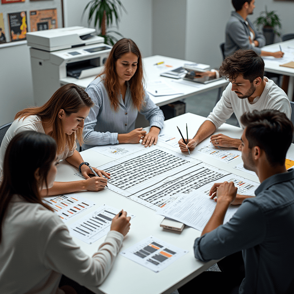 A group of young professionals discussing documents and charts in an office setting.