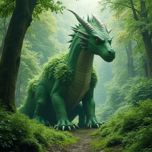 Giant green forest dragon covered by trees and plants. The dragon appears majestic and blends with the surroundings. It sits on a forest path.
