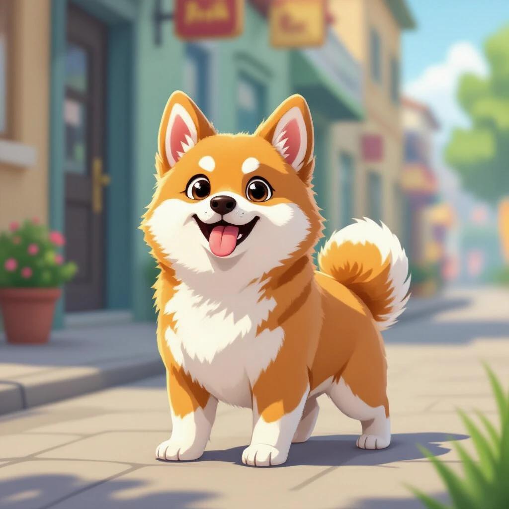 A corgi dog standing happily on a sidewalk in a colorful, sunlit street. The dog has orange and white fur with a big smiling face. Bright, friendly atmosphere.