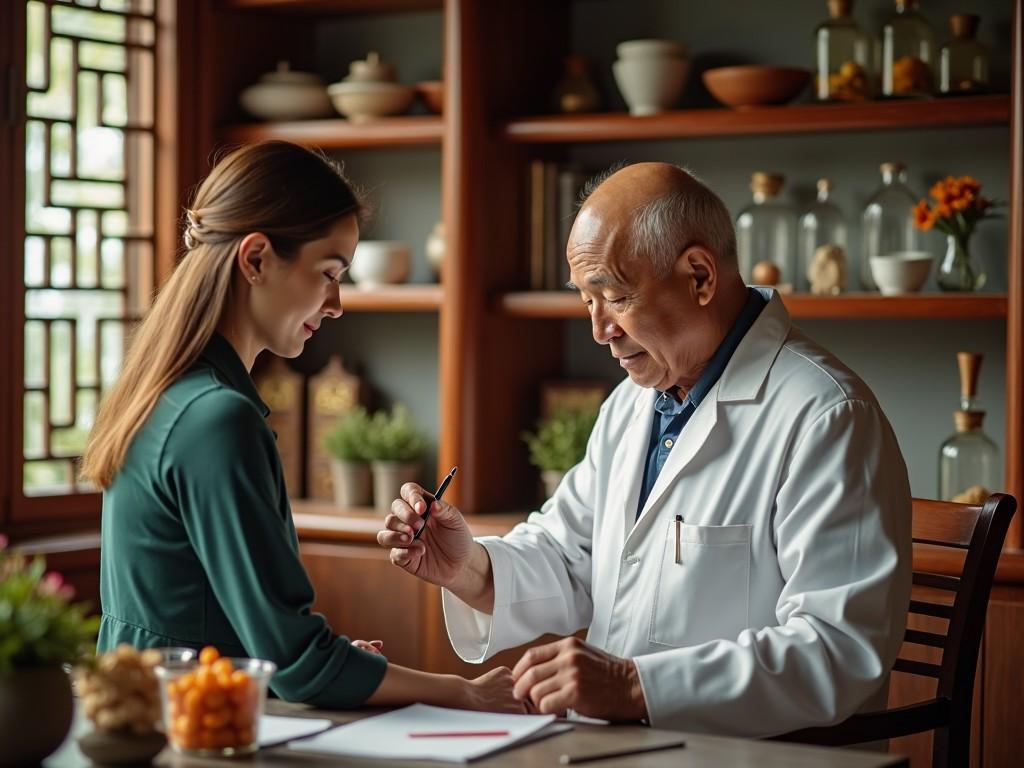 A traditional elderly healer consulting with a young woman in a warmly lit room filled with natural remedies.