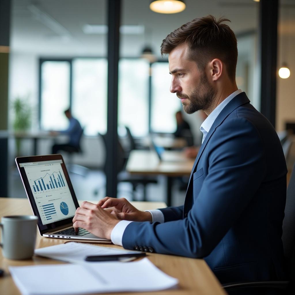 Business analyst engaged in analysis work using a laptop in a modern office. Bright and professional setting with graphs visible on the laptop screen.