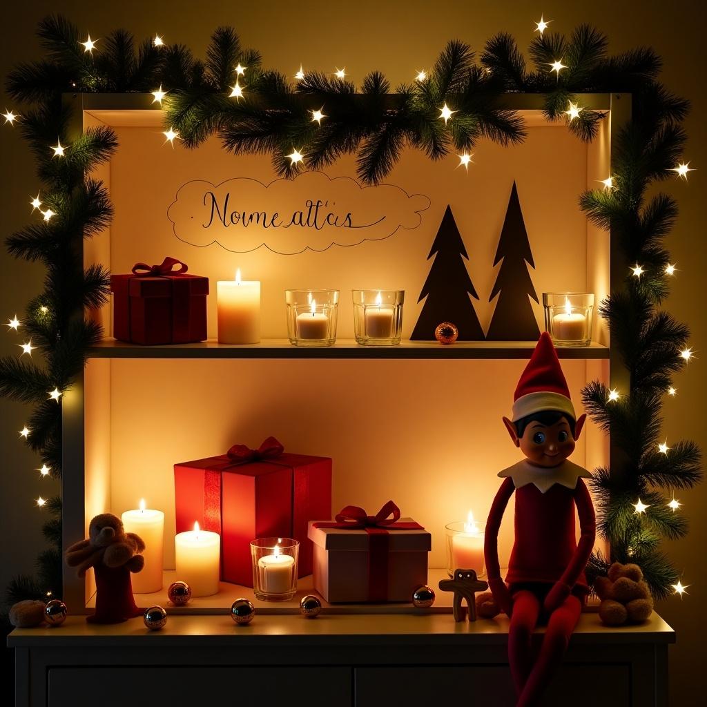 Show a cozy Christmas shelf display. Include candles and presents. An elf figure sits on the shelf surrounded by pine garlands. The lighting should be warm to create a festive mood.