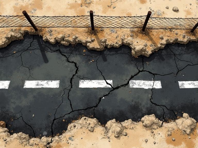 Top-down view of a cracked desert ground. A damaged black asphalt road runs across the frame. Broken white lines mark the road surface. A rusted chain-link fence spans the top. Scene has a painterly ink aesthetic. High contrast shadows evoke a dramatic ambiance.
