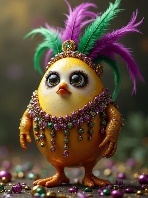 An egg character wearing an extravagant outfit for Mardi Gras. It wears colorful beads and a feather headdress. The egg stands confidently with a playful pose. The background has festive decorations.