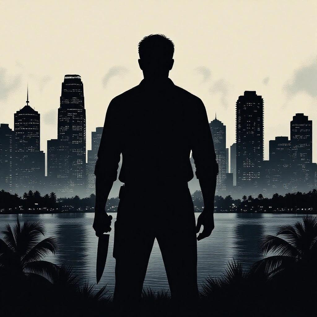 Dark Miami cityscape featured in an album cover. An ominous silhouette of a figure holding a knife stands against the skyline. No text present.