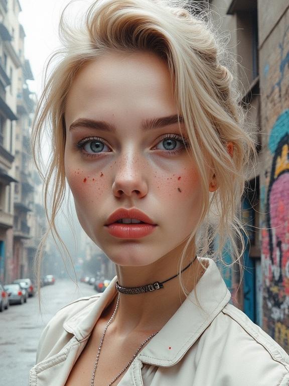 Portrait of a model with delicate freckles. Soft lighting in a gritty cityscape with graffiti. Minimalist background emphasizing beauty.