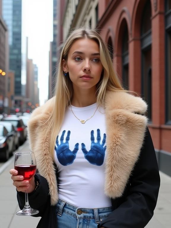 Photograph of a young blonde woman in urban setting. She has long hair and looks to her right. The woman wears a white top with blue hand-prints. Black jacket with beige fur collar. Holds a glass of red wine. Cityscape background with modern and historical buildings. Daytime natural lighting.