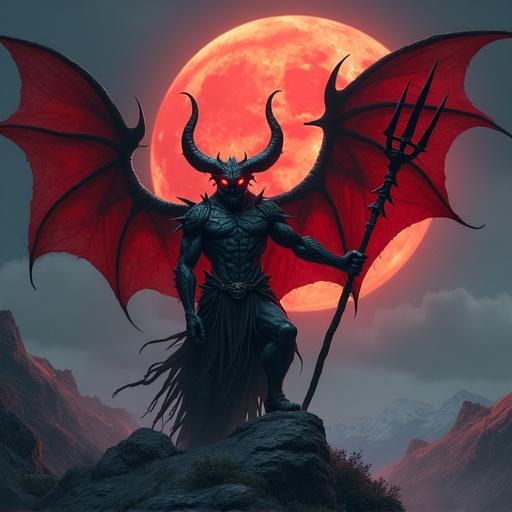 Demonic figure inspired by Asmodeus has horns and glowing eyes. Holds a trident staff. Large glowing red moon in dark sky. Rugged landscape shows otherworldly realm.