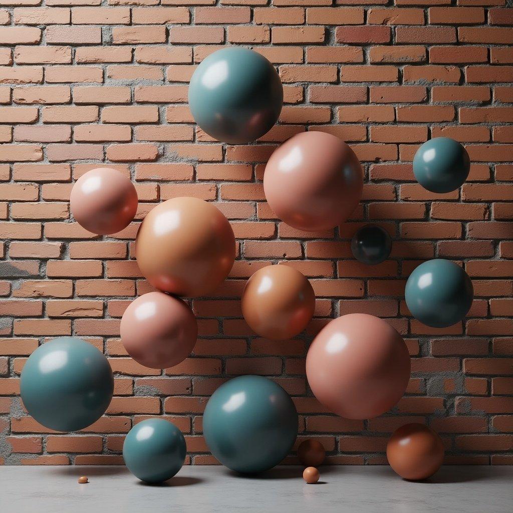 Matte spheres float against an industrial brick wall background. The colors of the spheres match the wall. The scene is contemporary. The arrangement of spheres is visually balanced.