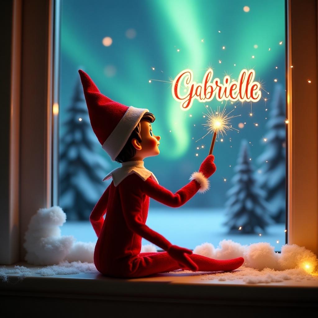 Elf on the shelf sits on a window ledge. Back turned. Elf creates twinkling sparks with a wand. Writes Gabrielle. Elf looks up at colorful northern lights. Background has snowy pine trees. Scene depicts a festive holiday atmosphere. Elf's outfit is vibrant red with white trim.