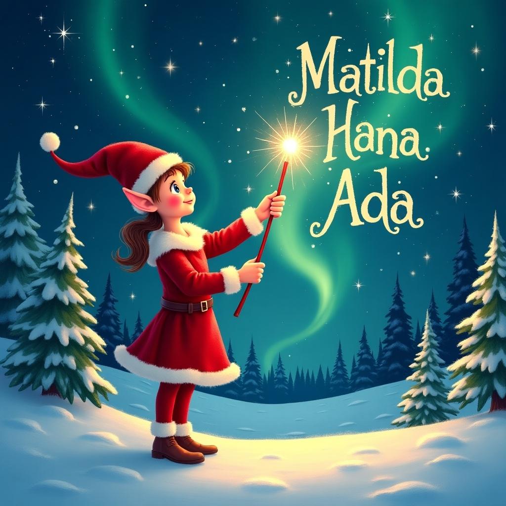 The scene features a charming elf dressed in a vibrant red outfit with a pointed hat. She gracefully holds a sparkling wand, creating a magical atmosphere. In this enchanting moment, the elf writes the name 'Matilda' in the starry sky. The background showcases a snowy landscape filled with evergreen trees, illuminated by the shimmering Northern Lights. The whimsical setting captures the joy and magic of childhood during the Christmas season. The elf continues to elegantly write the names 'Hana' and 'Ada' amidst the stars, enhancing the magical experience.