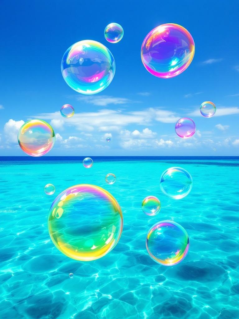 Image shows nine colorful bubbles floating in the air. Background features the Caribbean Sea with crystal-clear turquoise waters. Scene conveys adventure and tranquility.