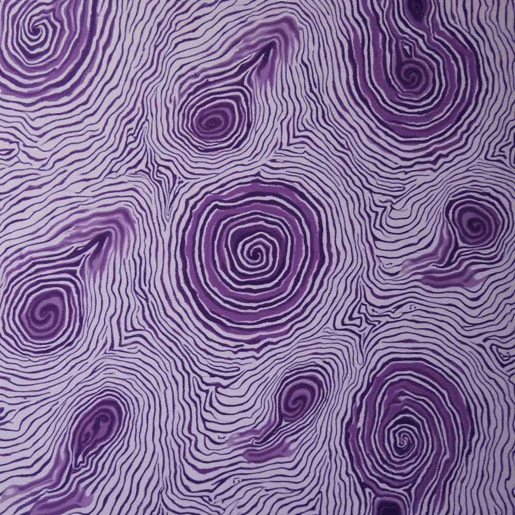 An intricate pattern of concentric, swirling lines form abstract, purple spiral shapes.