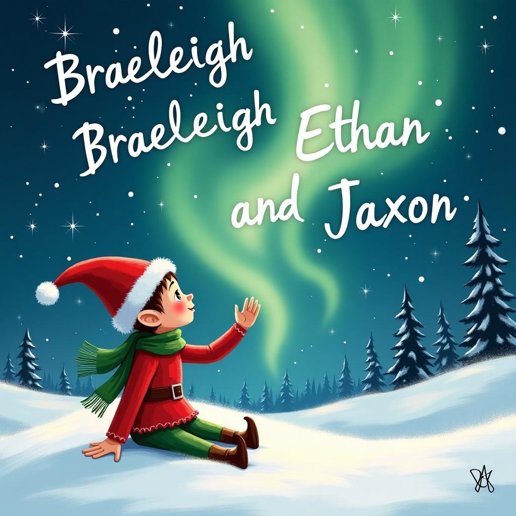 This whimsical image features an elf sitting in the snow, gazing up at the sky. The northern lights dance beautifully above, illuminating the snowy landscape. In the sky, the names Braeleigh, Ethan, and Jaxon are written in a playful, festive font. The scene captures the magic of Christmas, combining holiday charm with a sense of wonder. This artwork is perfect to evoke the holiday spirit and celebrate family traditions during the festive season.