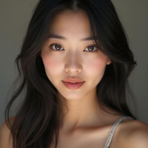 Portrait of a young Asian woman. She looks directly at the camera. Soft lighting illuminates her face. Hair flows gently. She has a subtle smile.
