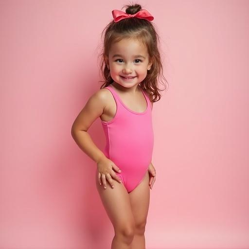 High-quality advertising image showcasing a 3 year old girl in a pink swimsuit. Stylish pose with a studio background and backlight effect. Fashion magazine style.