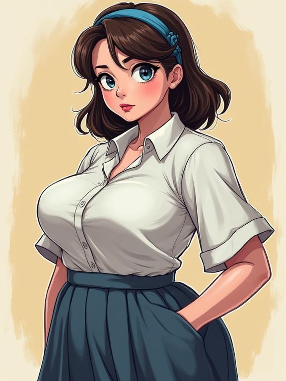 Full body portrait of a female character. She has mature features with a heart-shaped face, plush pink lips, blue eyes, and thick lashes. Her dark brown shoulder-length hair is held back by a blue scrunchie. The character wears a school uniform consisting of a button-up shirt and a skirt. She has a heavy chest and wide thighs, displayed in a trendy setting. The illustration has soft lighting and smooth lines typical of western comic styles.