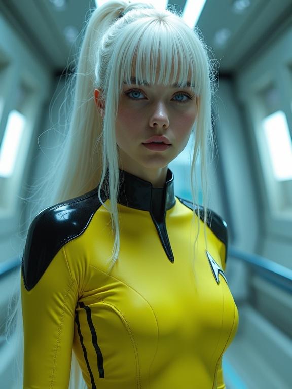 Character in a futuristic Star Trek-inspired swimsuit. Costume is yellow with black shoulders. Long white hair in a ponytail. Striking blue eyes. Low-angle perspective with dramatic lighting. Iconic Star Trek emblem on attire. Sci-fi background with teleporter effect.