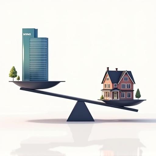 Digital illustration of a balanced scale. Left side shows a modern bank building lifted high. Right side has a large Victorian house dragging the scale down. The beam tilts toward the house, shadows emphasize weight distribution, and the bank appears small compared to the house. Clean, modern style with a minimalist background.