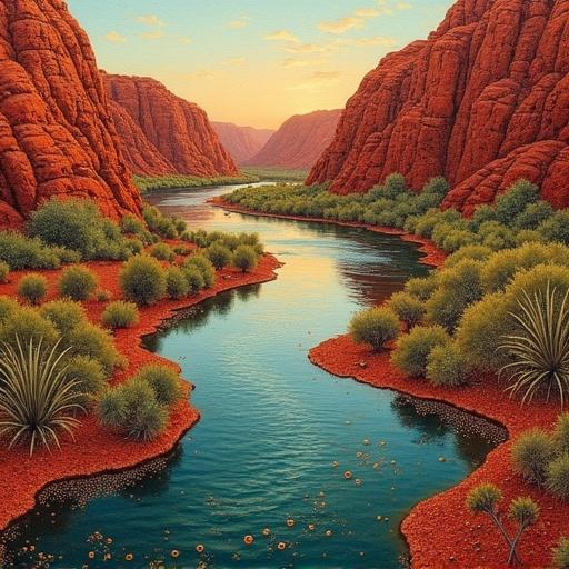 A winding river flows through the Australian outback. Intricate dot work illustrates lush greens, ochre reds, and deep browns using traditional acrylic techniques. The scene captures a warm sunset atmosphere.