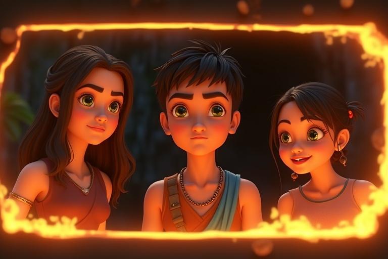 A flashback shot showing three characters in a glowing border. Arjun wears a blue leather tunic. Agni is a large black dragon. Meena wears a leather warrior skirt. They discover the Mahabali cave with glowing spikes. The title glows in bold white. Characters have expressive faces and hyper-realistic textures.