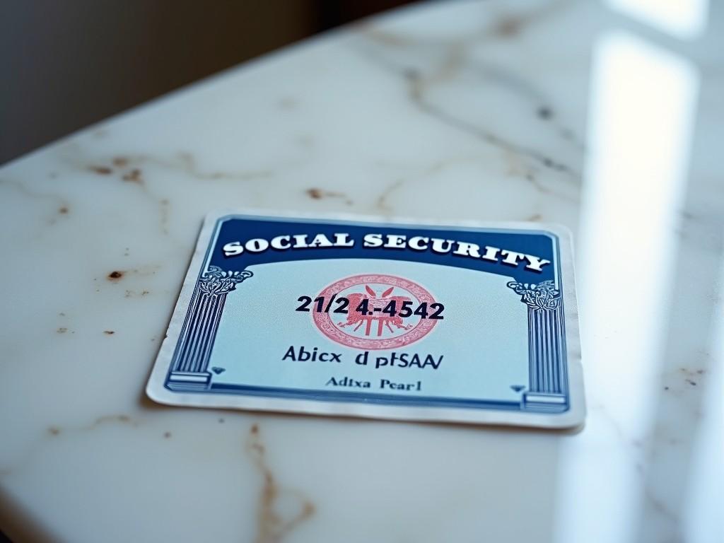 A social security card placed on a marble surface, focused closely to showcase its design and texture.