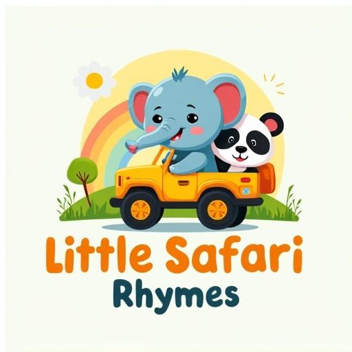 Colorful logo design for children's YouTube channel featuring a baby elephant and panda in a safari jeep. Bright colors with playful style. Include rainbow and sunshine elements. Font should be bold and bubbly, pastel colors. Ideal for babies and toddlers.