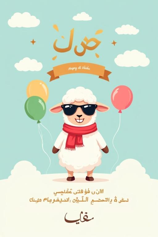 Cheerful Eid al-Adha greeting card design. Background is a soft gradient of sky blue with light white clouds. A cute cartoon sheep stands upright wearing black sunglasses and a red tarboosh. Colorful balloons are green, yellow, and pink. Above the sheep is a festive banner with Arabic text 'عيد أضحى مبارك' in golden Kufi calligraphy. Below the sheep is a formal Arabic message. In the lower right corner is a signature in artistic Arabic calligraphy.