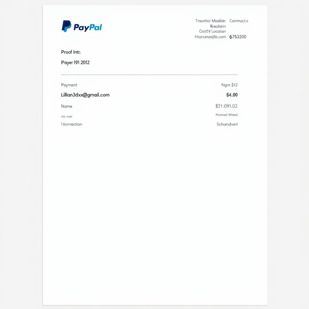 Image shows a PayPal payment receipt. Payment for $12. Email Lillian3dsx@gmail.com noted. Clean design with PayPal logo at top. Lists details like transaction amount and number. Common format for online payments.