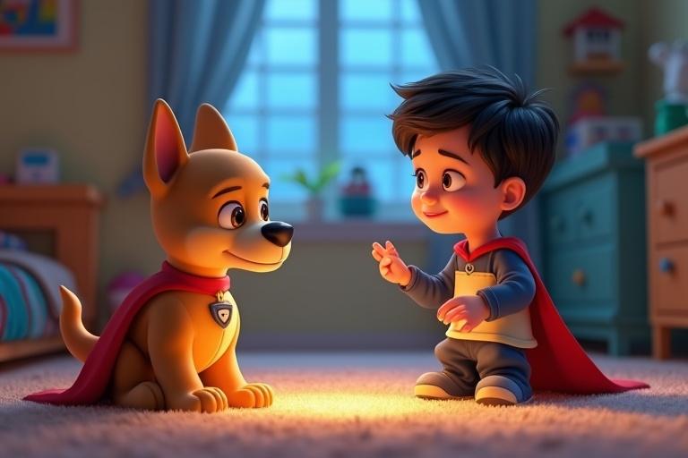 A 3D animated scene in a child’s bedroom. A 5-year-old boy interacts joyfully with a cute dog. The boy wears a red cape. The dog sits nearby looking happy. The setting is bright with soft color tones. Background details include furniture and warm lighting.