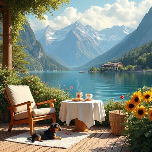 Lakeside mountain view from rustic wooden patio. Small wooden table with steaming cup of coffee. Toy terrier puppy with red collar lying on soft white rug. Majestic mountains and serene lake in background. Early morning light with warm colors. Idyllic calm mood with vibrant sunflowers and quaint Alpine houses.