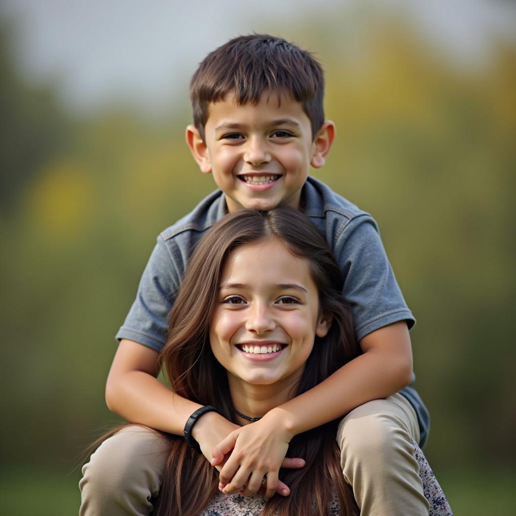 A boy sitting on the shoulders of a woman in an outdoor setting. The woman seems relaxed and joyful. The background is nature, with blurred foliage and bright sunlight.