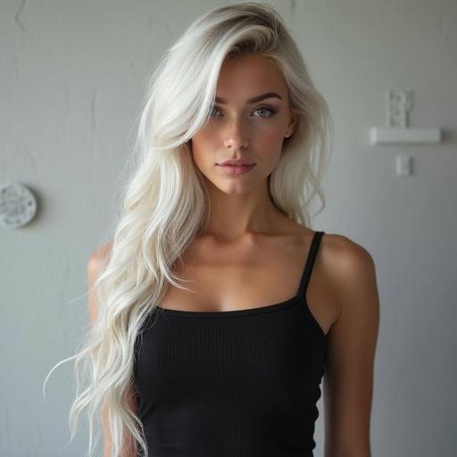 Capture a beautiful Russian girl with white hair wearing see-through clothes. Showcase a fit body with a symmetrical structure.