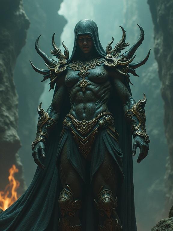 A warrior stands in a dramatic setting. The figure wears ornate armor with intricate designs. The atmosphere is dark and cinematic with a mystical background. Flames flicker nearby, enhancing the scene's intensity.